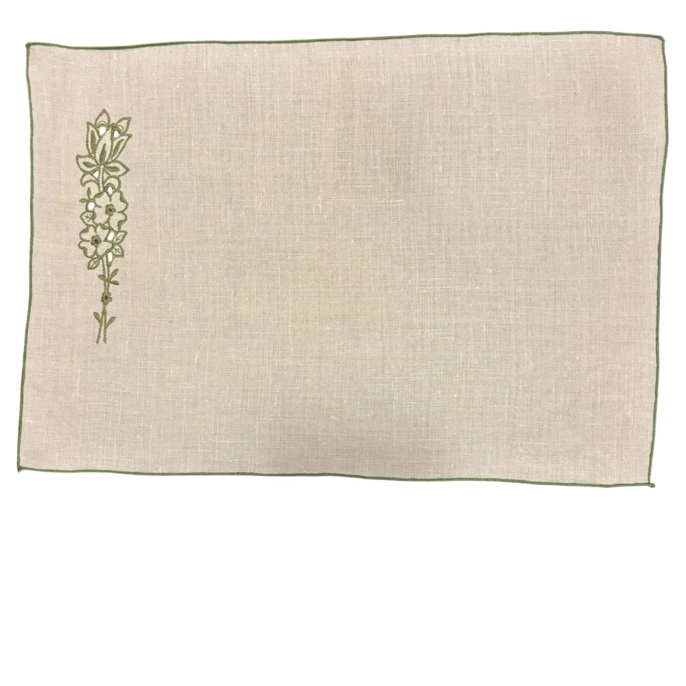 Vintage Beige Green Floral Embroidered Linen Placemat